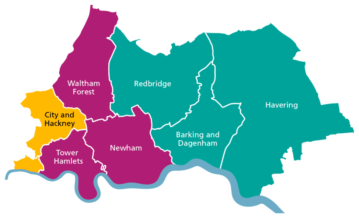 Map of the NHS North East London area showing Waltham Forest, Redbridge, Havering, City and Hackney, Tower Hamlets, Newham and Barking and Dagenham